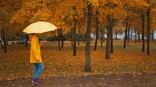 黄色い傘を持っている少女 スローモーションレインシティパーク 人種差別から傘の下に隠れている若い女性の側面 スラッシュを歩く 雨が降る 悪天候だった 女性は濡れた通りに沿って歩きます — ストック動画