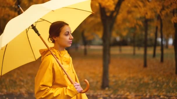 Cámara Seguimiento Foto Mujer Impermeable Amarillo Con Paraguas Brillante Camina — Vídeos de Stock