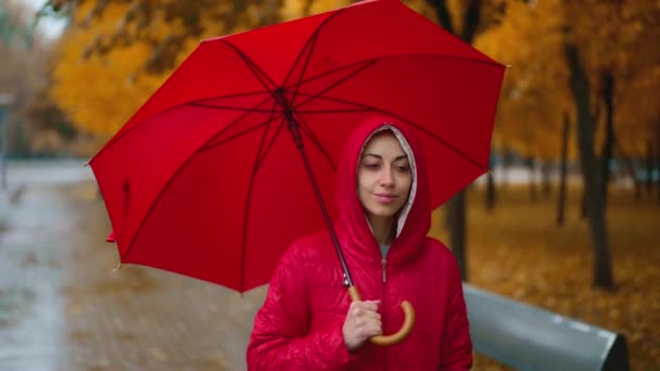 穿着红色夹克 头戴明亮雨伞 在秋天公园散步的女子特写 潮湿的雨天 秋天的季节 金黄的叶子 — 图库视频影像