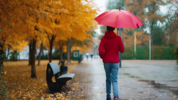 Yağmurlu Bir Günde Sarı Turuncu Şehir Parkında Şemsiye Tutan Kadın — Stok video