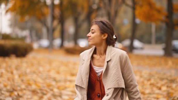 在秋天的公园里 穿着外套的漂亮女人坐在石枝上 黄叶丛生 等待着某个人的画像 秋天的户外 一个快乐美丽的女人的脸 慢镜头4K — 图库视频影像