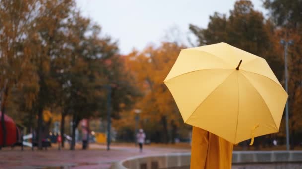 Sarı Yağmurluklu Parlak Şemsiyeli Bir Kadının Yağmurlu Bir Günde Sonbahar — Stok video