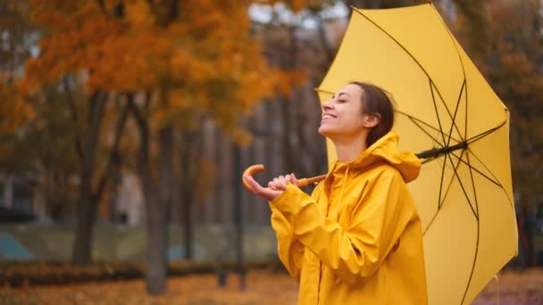 Kız Yağmurun Keyfini Çıkarmak Için Sarı Yağmurluğunu Çıkartıyor Parkta Şemsiyeyle — Stok video