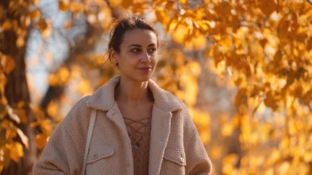 Herbstporträt Einer Schönen Stylischen Frau Brauner Hose Pullover Und Kuscheliger — Stockvideo