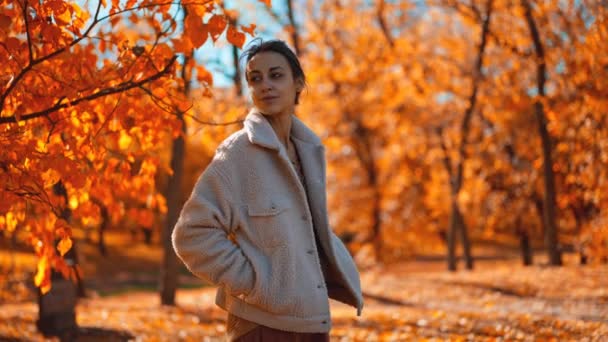 穿着老式舒适炸弹夹克的年轻貌美女子穿着鲜红叶子漫步秋天公园的慢镜头肖像 艳阳高照的秋天里的橙色叶色女孩 — 图库视频影像