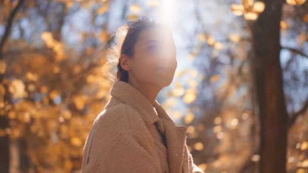 穿着老式舒适炸弹夹克在秋天公园散步的年轻貌美女子的近照 艳阳高照的秋天里 红橙相间的女孩 蓝天的背景 — 图库视频影像