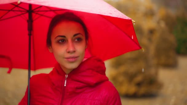 Yağmurlu Bir Günde Sonbahar Parkında Parlak Şemsiyeli Kırmızı Ceketli Bir — Stok video