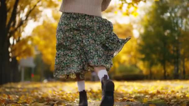 Back View Stunning Young Brunette Woman Joyfully Running Autumn Park — Stock Video