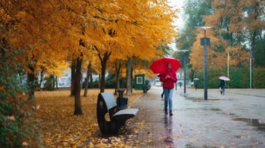 Yağmurlu bir günde, turuncu şehir parkında kırmızı şemsiyenin altında saklanan bir kadın yağmurun altında tek başına yürüyor. Yavaş çekim. Sonbahar sezonu ve şehir yaşam tarzı