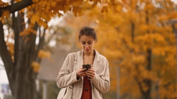 Atractivo Mensaje Texto Mujer Adulta Joven Elegante Utilizando Teléfono Aire — Vídeos de Stock