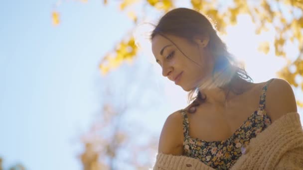 Young Brunette Woman Autumn Park Yellow Foliage Bright Sun Sunflare — Stock Video