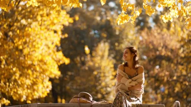 ドレスを着て屋外で編んだ美しい笑顔の女性の秋の肖像画 暖かい晴れた日に黄色い葉を持つ木の背景に公園の枝の上に座っている少女 — ストック動画
