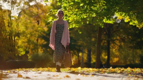 Uzun Örülü Süveter Hırka Giyen Bir Kadın Altın Yapraklı Doğal — Stok video