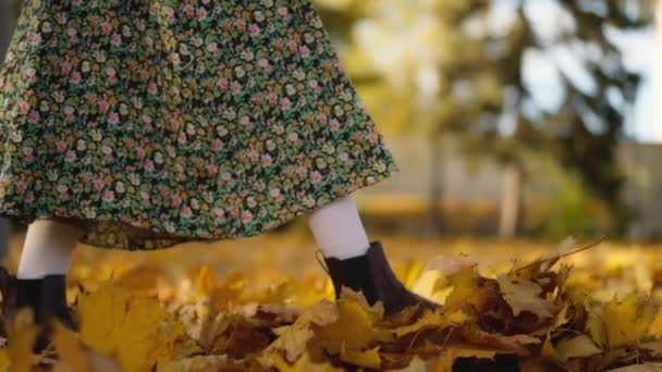 Closeup Female Legs Brown Retro Leather Elegant Boots Yellow Leaves — Stock Video