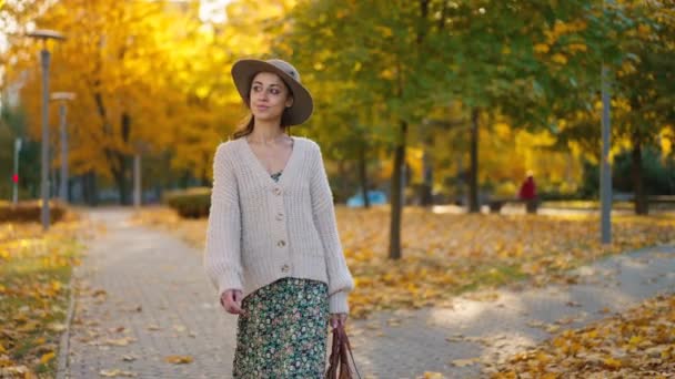穿着古旧衣服 针织毛衣 衣服和帽子的快乐女人 带着黄色的树叶漫步在秋天的森林里 时尚迷人的女孩在温暖的秋天散步在公园里 慢动作4K镜头 — 图库视频影像