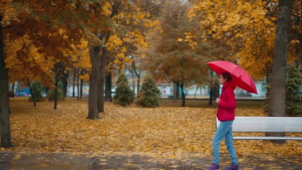 女性は雨の日に黄色いオレンジ色の都市公園で雨の下を一人で歩いている傘を持っています スローモーションショット — ストック動画
