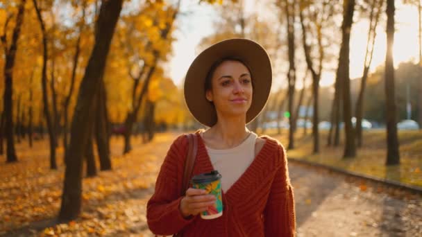 Камера Трекинг Молодая Стильная Женщина Осеннем Городском Парке Желтой Листвы — стоковое видео