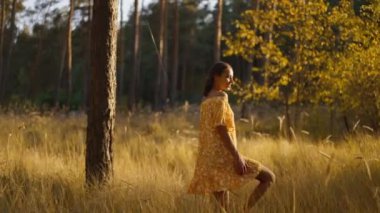 Sarı elbiseli, altın renkli sonbahar günbatımında çam ormanlarında yürüyen güzel, rahat bir kadın. Güzel kız dışarı çıkıp eğleniyor, doğanın tadını çıkarıyor.