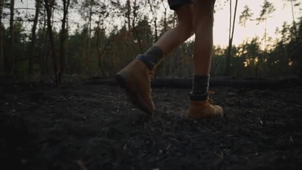 Close Slow Motion Hikers Feet Hiking Boots Walk Burned Grass — Stok Video