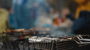 Izgara Lezzetli Barbeküyü kapatın. Mangal kömürü yiyerek piknik yapmak. Sokak Yemekleri Izgarası. Kızarmış tavuk ve sebze. Izgara barbekü eti ateşte. Kızarmış Et Bbq Izgarası