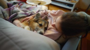 Sevecen kadın köpek sahibi kanepeye uzanmış, şirin, komik Galli Corgi köpeğiyle rahat bir odada. Evcil hayvanı olan bir kız, battaniyeli. Uykulu köpeği okşayan şefkatli bir kadın. Dört bacaklı bir arkadaşla yaşıyor..