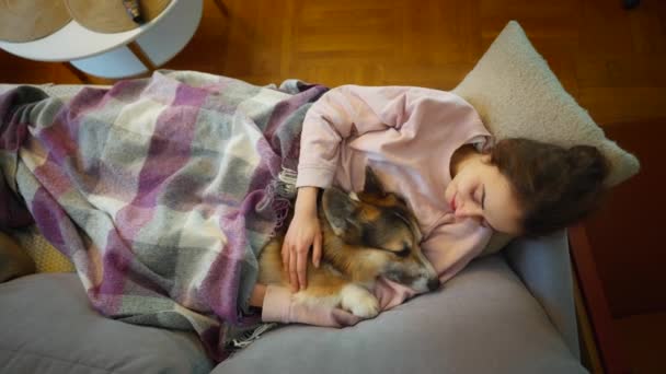 Ritratto Giovane Donna Che Abbraccia Suo Animale Domestico Carino Cucciolo — Video Stock