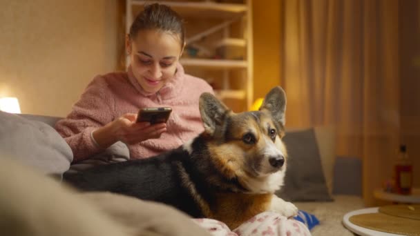 Retrato Mujer Joven Relajándose Casa Con Perro Usando Teléfono Lindo — Vídeos de Stock