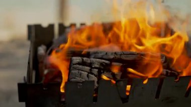 Göl kıyısındaki barbekü setinde alevler dans ediyor. Yakacak odun yanıyor, açık havada et pişirmeye hazır.