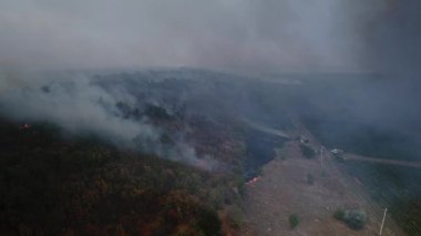 İnsansız hava aracı ormanları ve tarlaları silip süpüren alevleri yakalıyor. Yoğun dumanlar yükseliyor. Uzun süren kuraklık orman yangınlarını daha şiddetli ve sıklaştırıyor