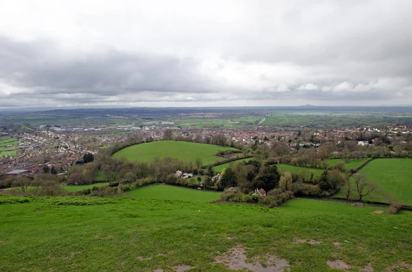 Uitzicht Vanaf Top Van Glastonbury Tor Met Uitzicht Glastonbury Stad — Stockfoto