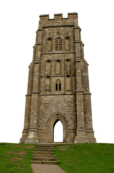 Bílé Pozadí Detailní Záběr Věže Svatého Michaela Glastonbury Tor — Stock fotografie