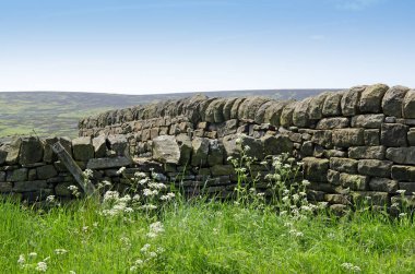 Kırsal kesimde kurumuş taş duvar ve mavi gökyüzü