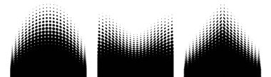 Yarım tonlu noktalar kümesi eğri eğimli doku arkaplanı. Yarım tonluk daire nokta raster dokusunu kullanarak eğri noktalı noktalar. Vektör amblemi. Logo yarım ton koleksiyonu. Satış afişleri.