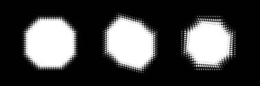 White octagon halftone frames. Grunge set of halftone polygons. Distort shapes. Vector illustration