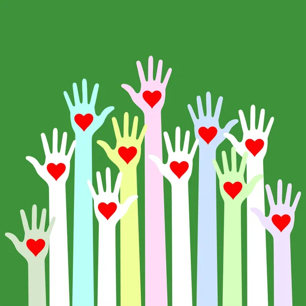 Kleurrijke Zorgzame Handen Met Rode Harten Illustratie Groene Achtergrond Vrijwilligers — Stockvector