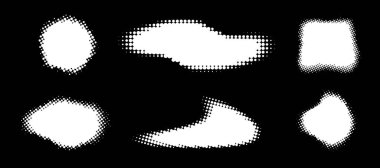 Beyaz noktalar desenli çerçeveler. Yarım tonlu noktalar eğri desenli arka planlar. Noktalı noktalar yarım ton daireli nokta dokusu kullanıyor. Vektör illüstrasyonu.