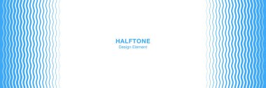 Yarım ton dalgalı çerçeve. Poster, davetiye, hediye kartı, kupon, kitap kapağı için tasarım. Sancak yarım ton. Mavi çizgili dalga çerçevesi. Retro vintage arka plan. Vektör su çerçevesi.