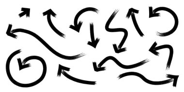 Elle çizilmiş fırça darbeleri kalın oklar. Farklı yönlere karalanmış kalın oklar koleksiyonu. Vektör illüstrasyonu.