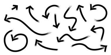 Elle çizilmiş fırça darbeleri kalın oklar. Farklı yönlere karalanmış kalın oklar koleksiyonu. Vektör illüstrasyonu.