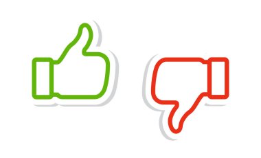 Başparmak yukarı ve baş parmak aşağı simge seti. Yeşil ve kırmızı renklerdeki semboller gibi. Beğeni ve geri bildirim. Do ve Dont simgeleri. Vektör etiketleri.