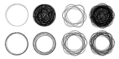El çizimi çemberler çizerek çizilmiş çizimler. Doodle dairesel logo tasarım elementleri. Vektör el çizilmiş çerçeveler.