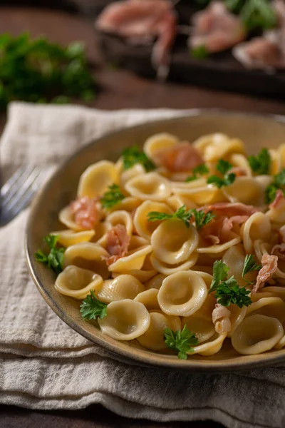 Delicious Pasta Garlic Ham Parmesan — Stock Photo, Image