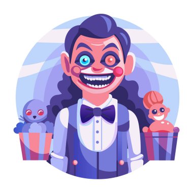 Ürkütücü oyuncakları olan hayaletli bir çocuğun düz bir çizimi. 