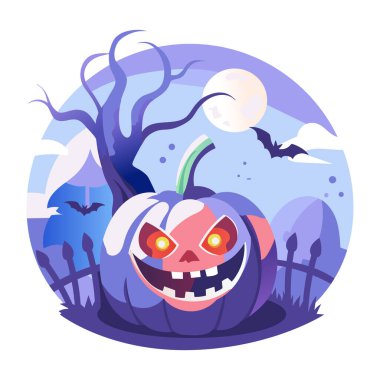 Hayaletli çocuk ve kafataslarıyla ürkütücü bir odanın düz bir çizimi.