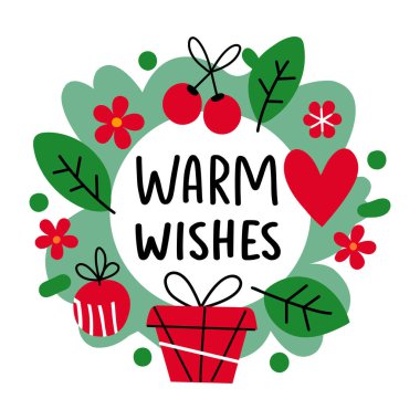 Sıcak dilekler tipografisi olan düz bir Noel çelengi. 