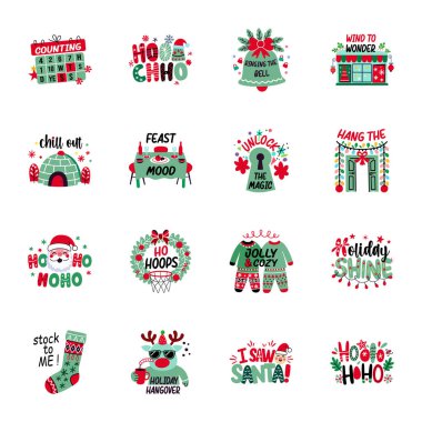 Set of Flat Style Christmas Festival Stickers  clipart