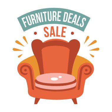 Mobilya anlaşmalarını tasvir eden rahat bir koltuğun olduğu düz bir çıkartma. 