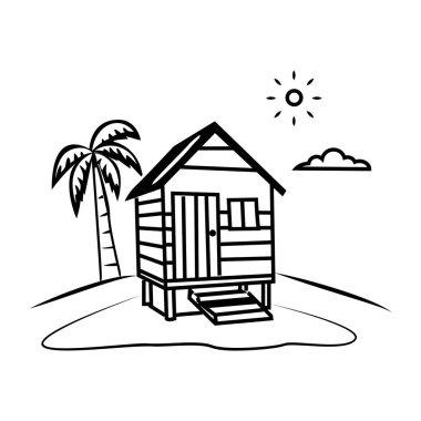 El çizimi bir sahil kulübesi, palmiye ağacı ve güneş.