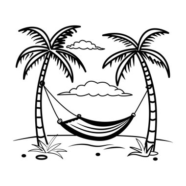 İki palmiye ağacının arasında asılı bir hamağın el çizimi simgesi