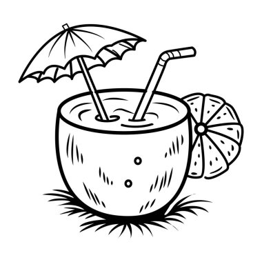 Kamış ve şemsiyeli el çizimi hindistan cevizi içeceği.